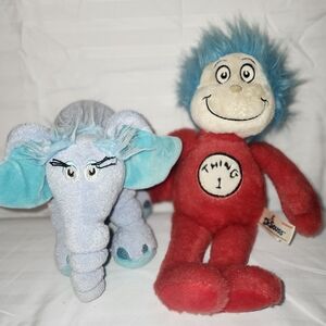 Lot of 2 Dr Seuss Horton Hears A Who 6" Plush Light Blue Elephant &Thing 1 Plush